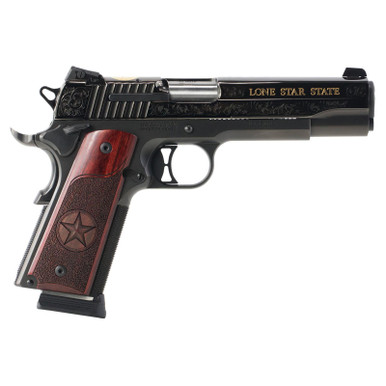 Sig 1911 45 ACP 5" Barrel Texas Gold Engraved Nitron SAO Siglite Custom Texas Grip (2) 8RD Steel MAG, 191145TXG
