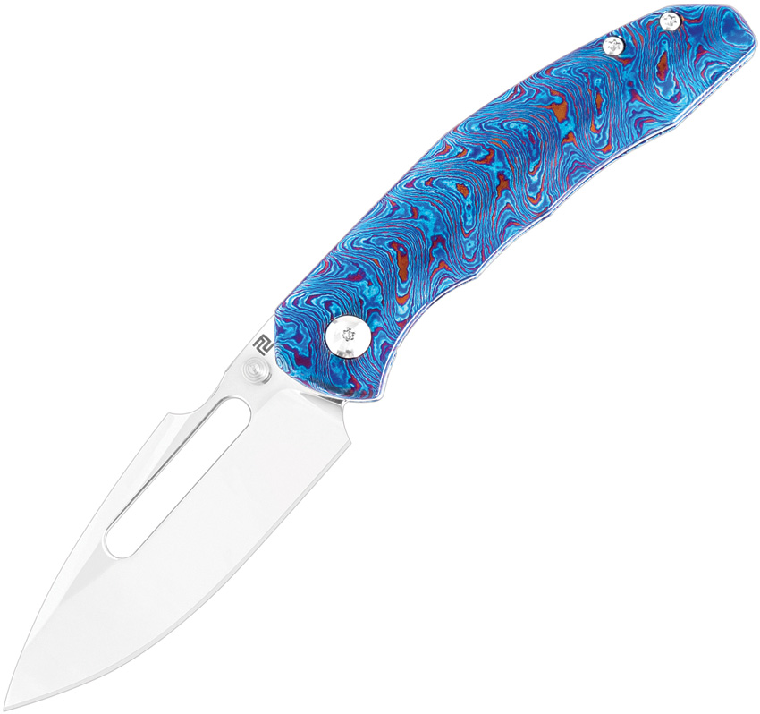 Artisan Boa Framelock Pocket Knife Blue Damascus Titanium - ATZ1862GTDB