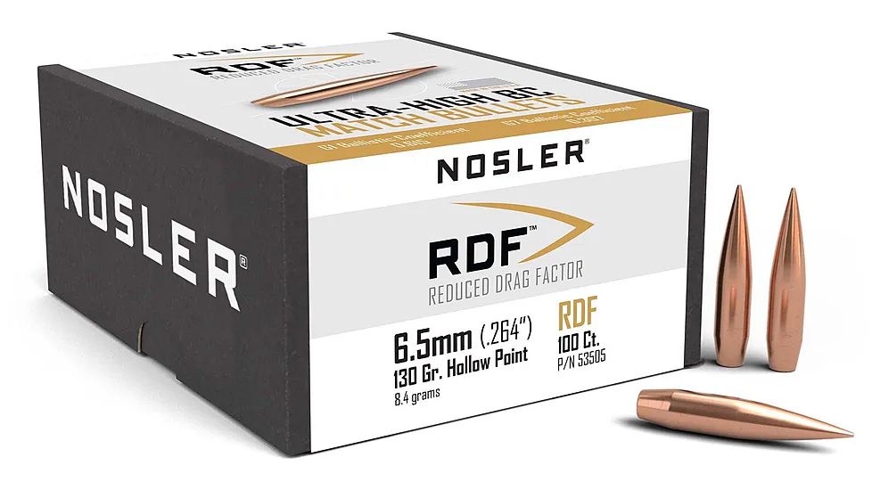 Nosler RDF Rifle Bullets, 6.5mm, .264 Caliber, 130 Grain, Hollow Point Boat Tail (HPBT)