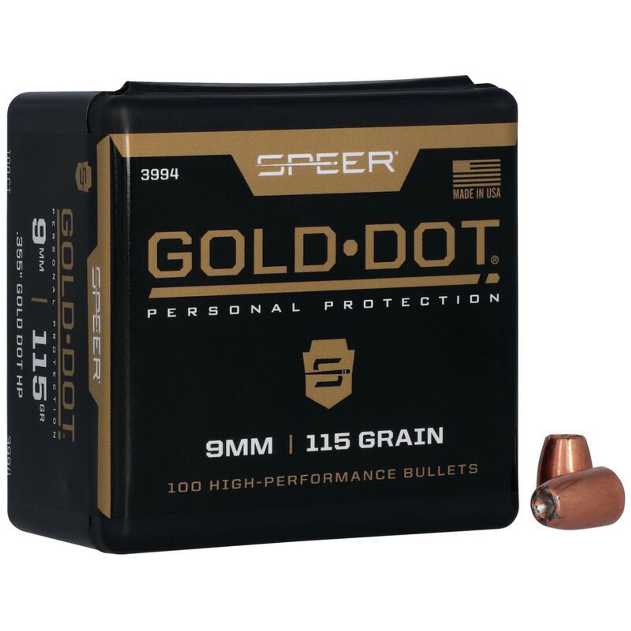 Speer Gold Dot 9mm Luger 115 Grain .355" GDHP Handgun Bullet (100)